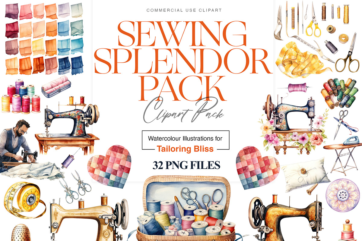Watercolor Sewing Clipart, Supplies, a Work Illustration by BrushstrokeArtGB (Photo 1 of 9)