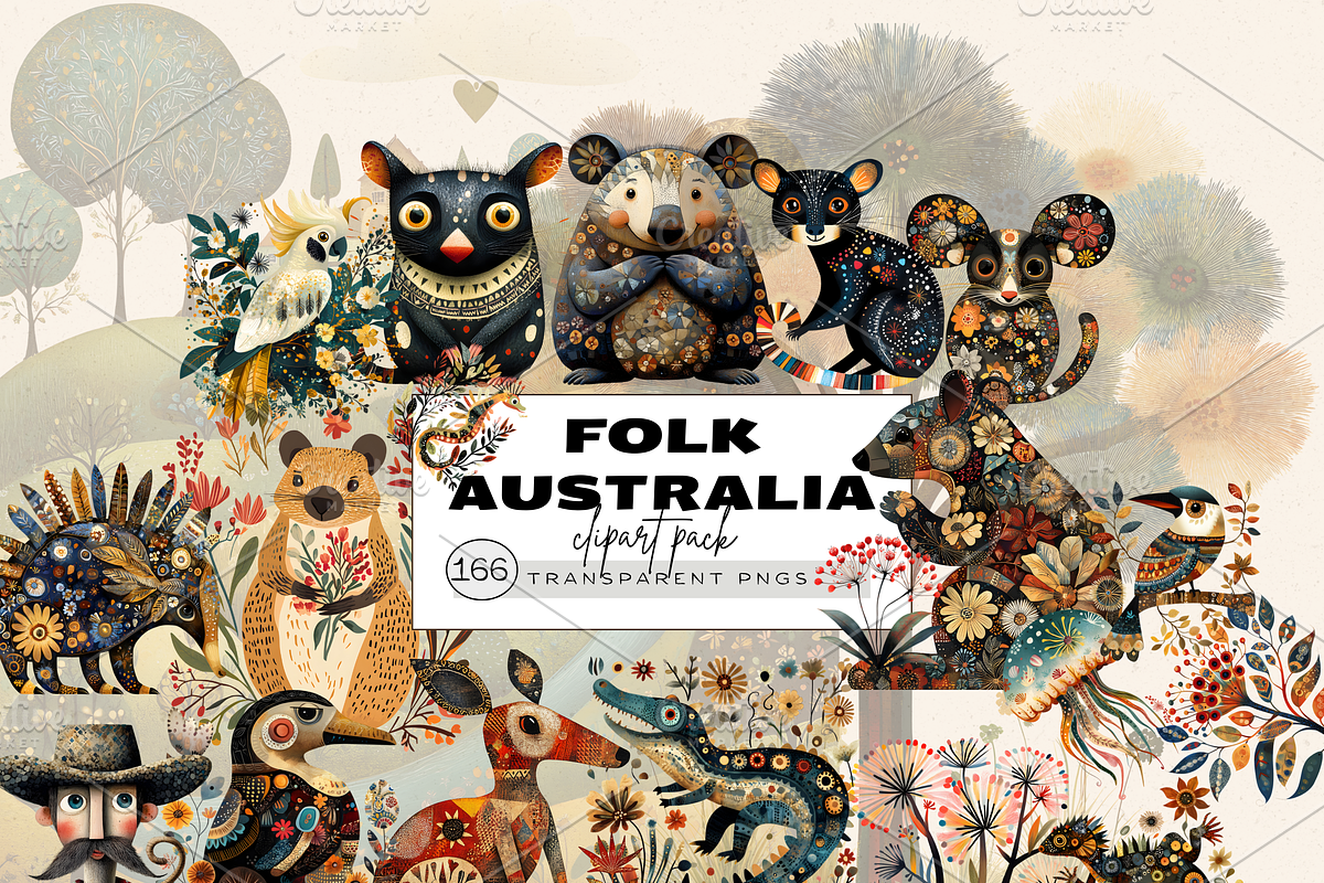 FOLK ART AUSTRALIAN ANIMALS CLIPART, an Animal Illustration by Daring Digies (Photo 1 of 10)