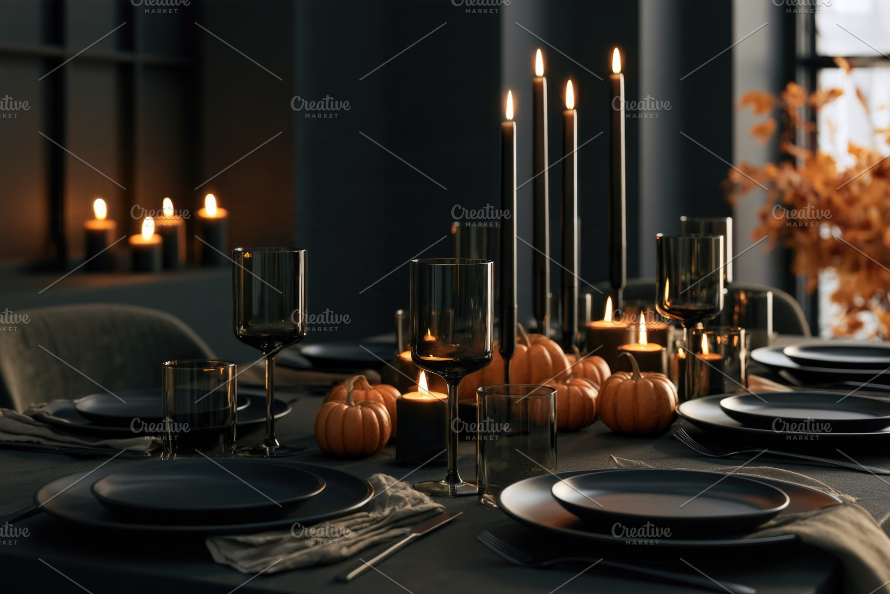 Elegant Halloween dinner table with black candles and pumpkins, a Person Photo by José Manuel Gelpi
