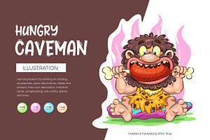 Cartoon Hungry Сaveman. Tshirt, PNG., a Person Illustration by KENO Mascots