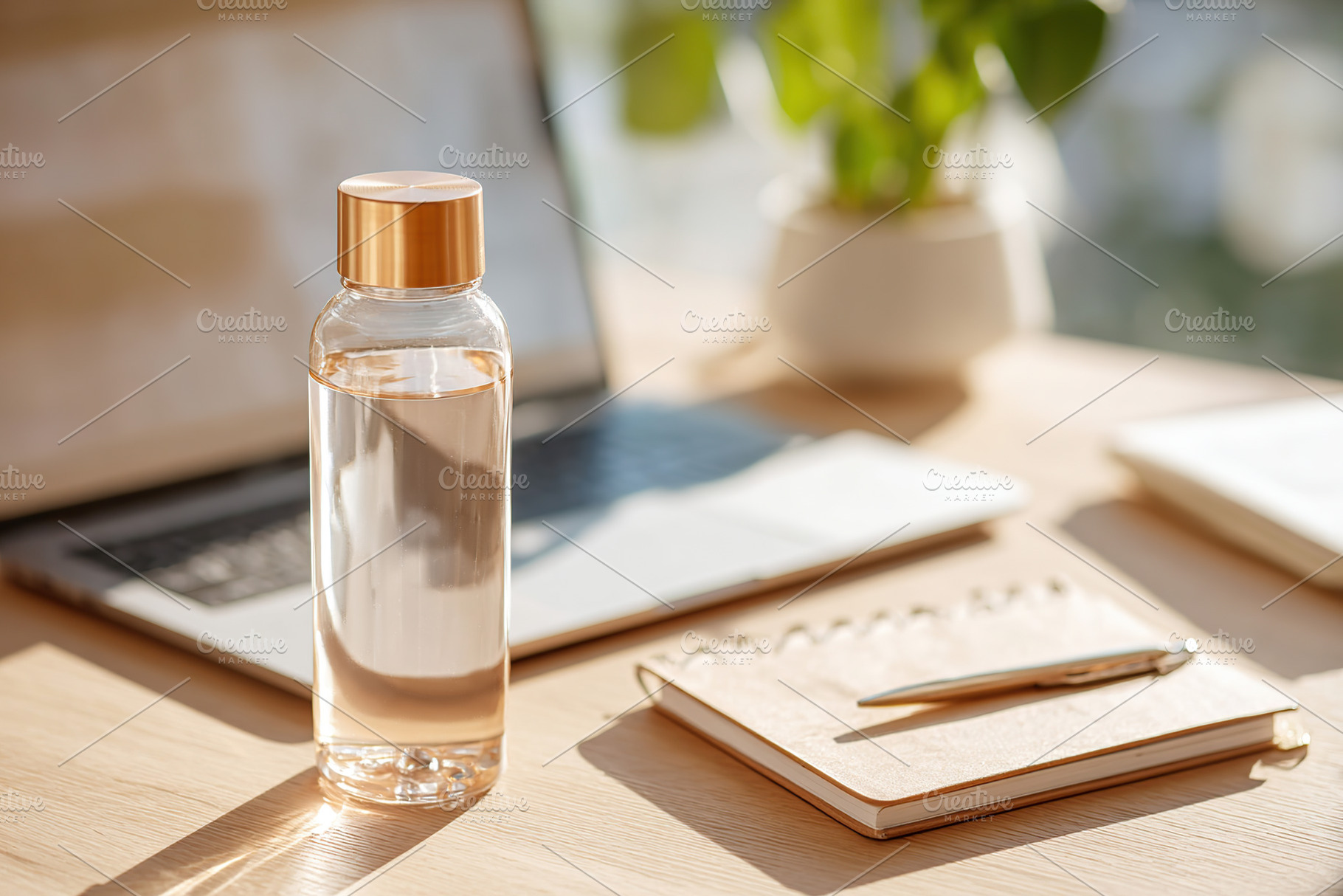 Closed laptop on a desk alongside a notebook and a water bottle with soft sunli, a Photo by AlyaAnd