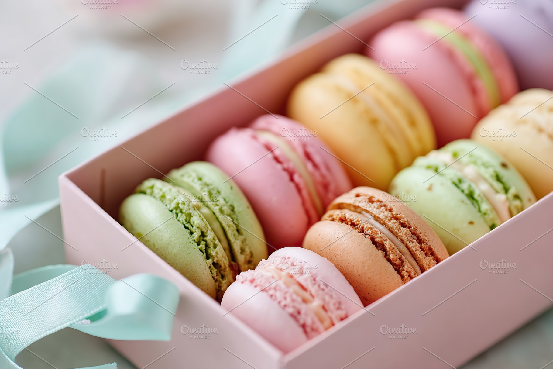 Assorted pastel macarons arranged in a elegant box for a delightful treat exper, a Food & Drink Photo by AlyaAnd
