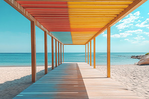 Colorful beach pavilion stretches toward calm blue sea under a b, a Background Photo by AlyaAnd