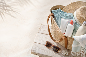 Summer selfcare items in straw beach, a Photo by Dvoevnore photos