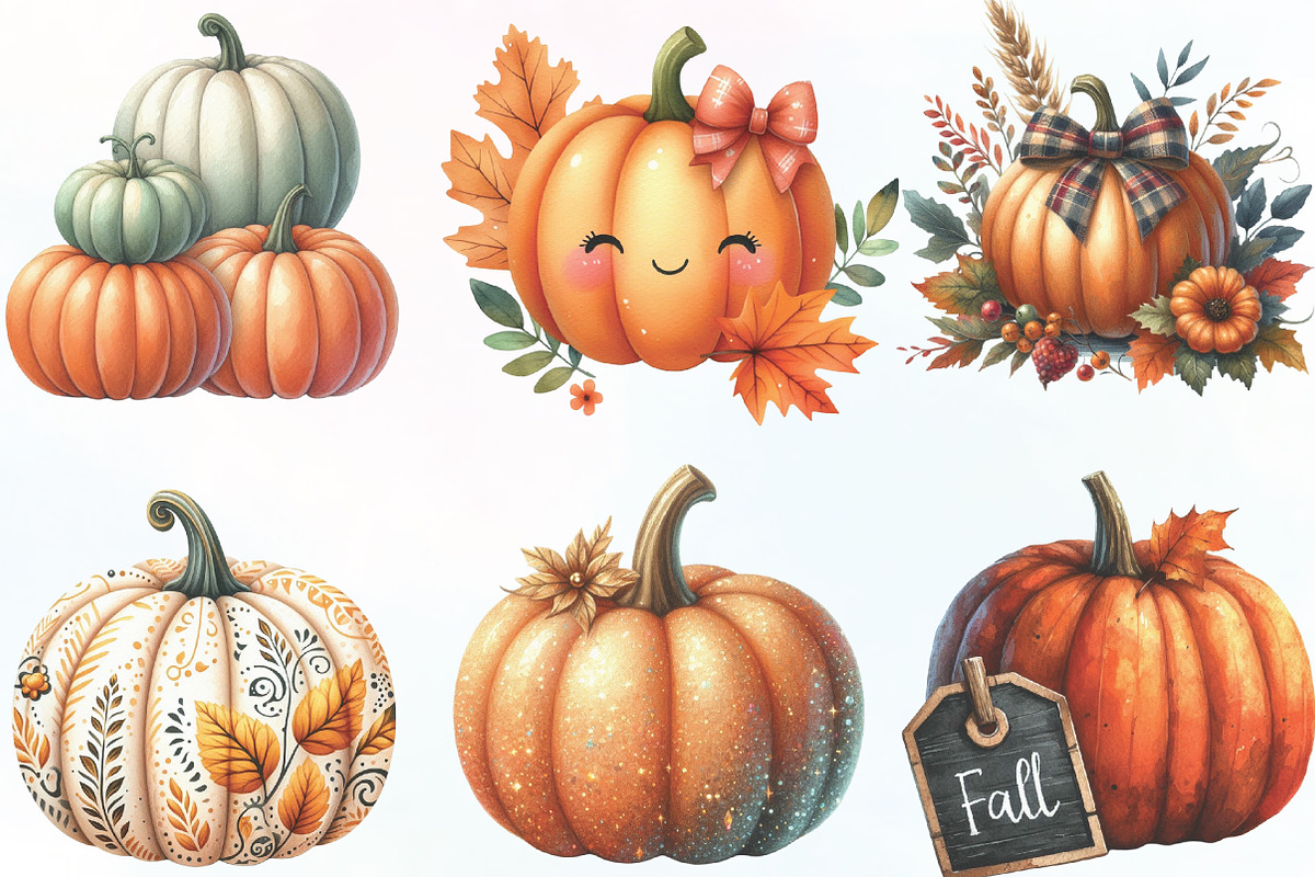 Watercolor Autumn Pumpkin Clipart, an Illustration by CraftArtStudio (Photo 2 of 6)