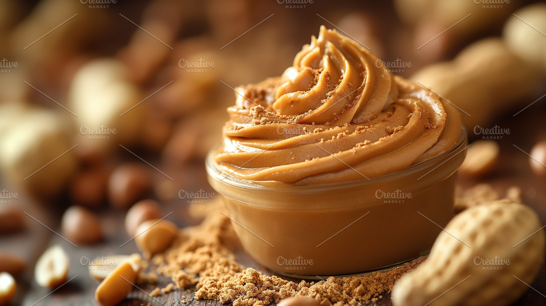 Creamy peanut butter in a glass jar, surrounded by peanuts and c, a Food & Drink Photo by ImageMir