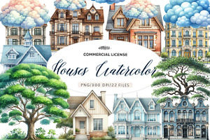 Houses watercolor clipart, an Illustration by CreationArt