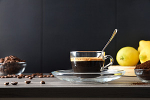 Espresso coffee on wooden table with capsules and black backgrou, a Food & Drink Photo by Davizro's Market