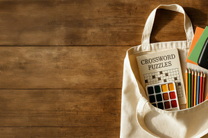 Analog bag with art supplies on wood, a Photo by Dvoevnore photos