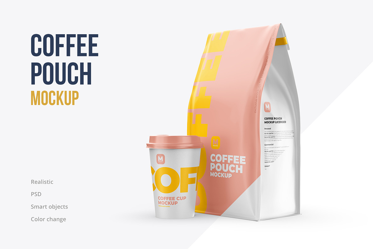 Coffee Pouch Mockup with cup, a Cups & Container Mockup by easymock (Photo 1 of 9)