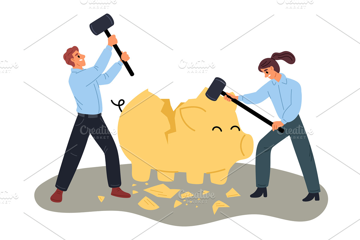 Businessmen break open piggy bank, a Finance Illustration by Vectorbuum