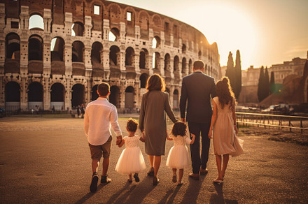 Family with kids against Colosseum, Rome, Italy.  People visitin, a Person Photo by AS photostudio