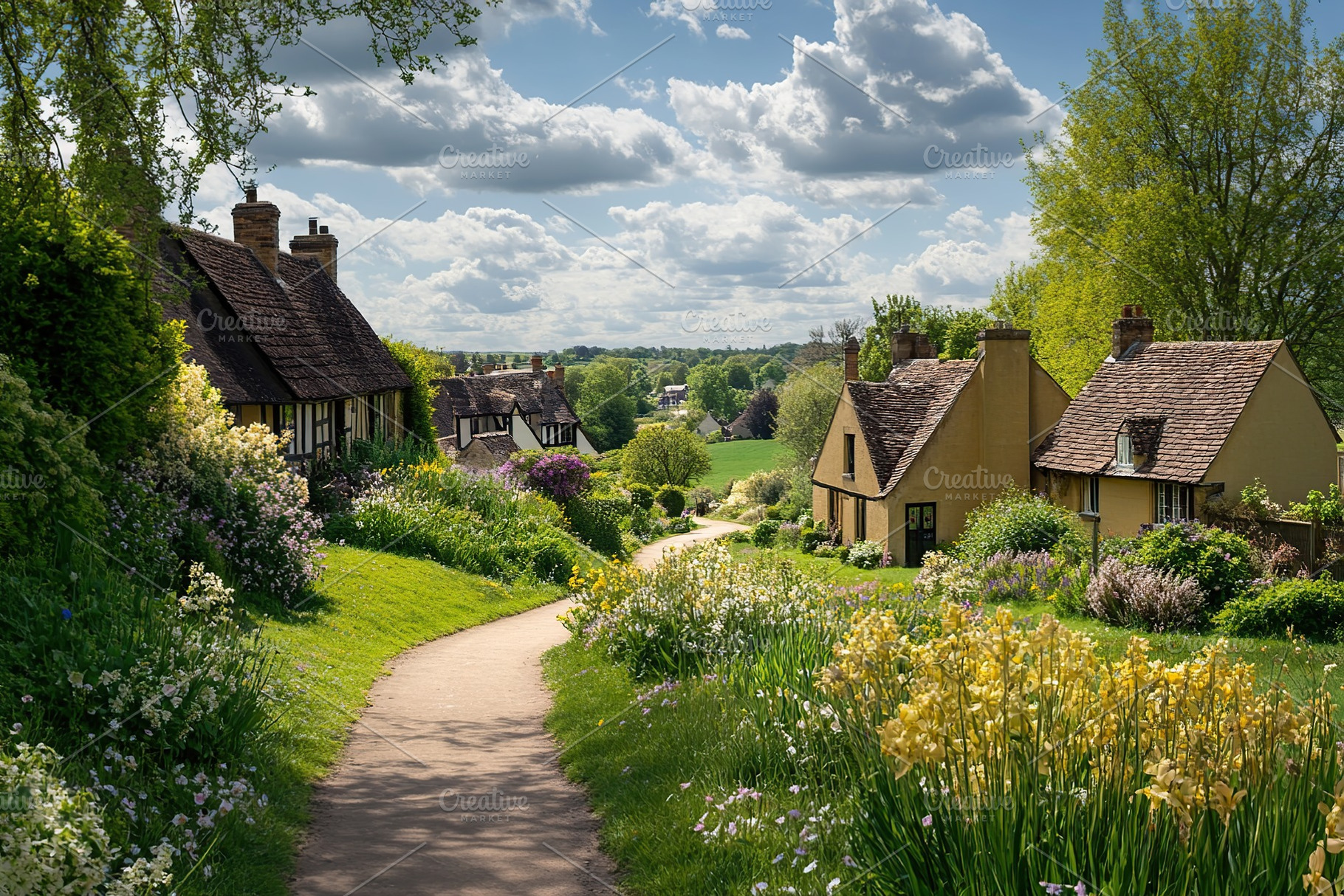 Old houses with road and spring nature in countryside, a Nature Photo by AlyaAnd