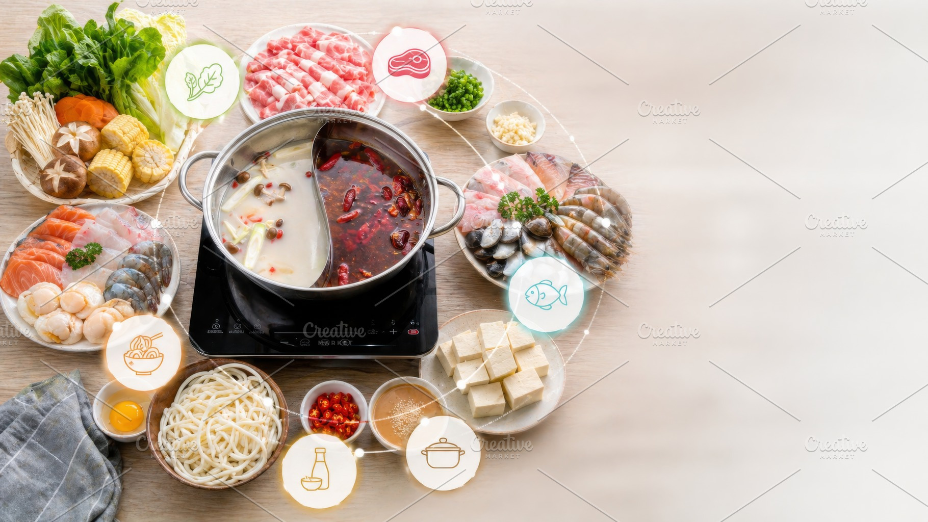 Hot pot party with assorted ingredie, a Photo by Dvoevnore photos