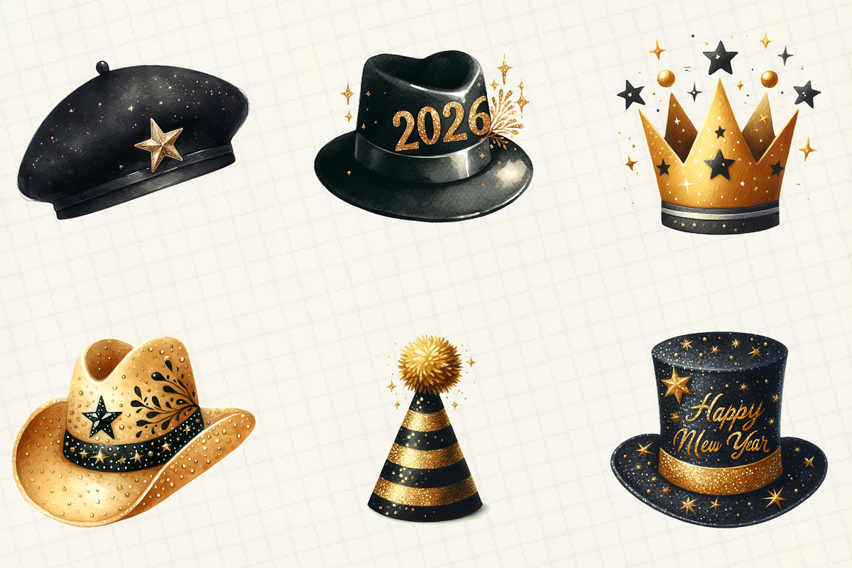 Black and Gold New Year Hat Clipart, an Illustration by DreamCafeArt (Photo 5 of 8)