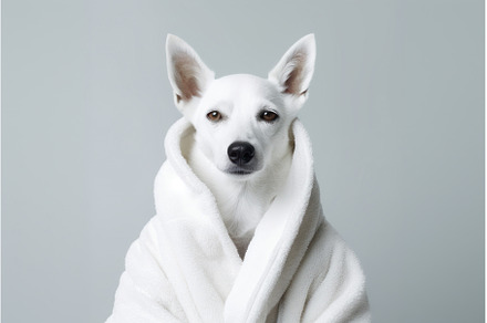 Elegant Dog white bathrobe. Generate, an Animal Photo by Ylivdesign