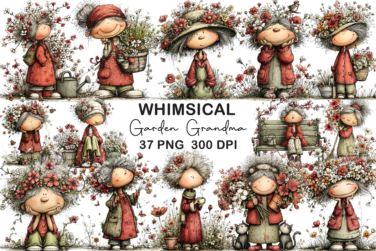 Whimsical Garden Grandma Clipart, an Illustration by CraftArtStudio (Photo 1 of 6)
