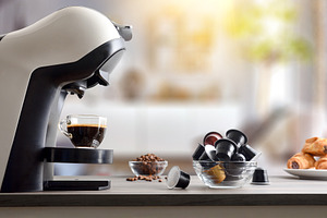 Preparing breakfast coffee with espresso machine in living room, a Food & Drink Photo by Davizro's Market