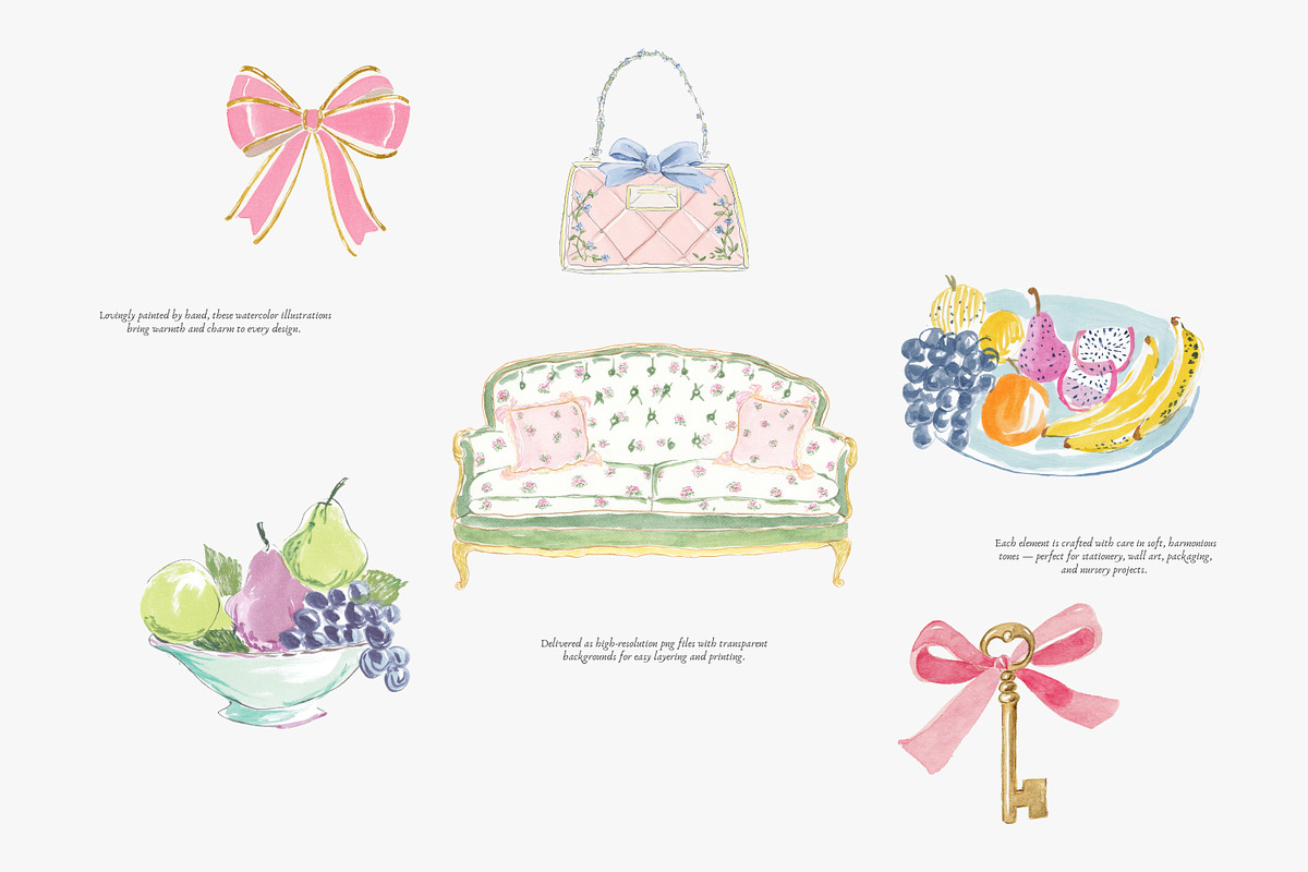 watercolor pastel rococo clipart set, a Decorative Illustration by Patishop Art (Photo 3 of 9)