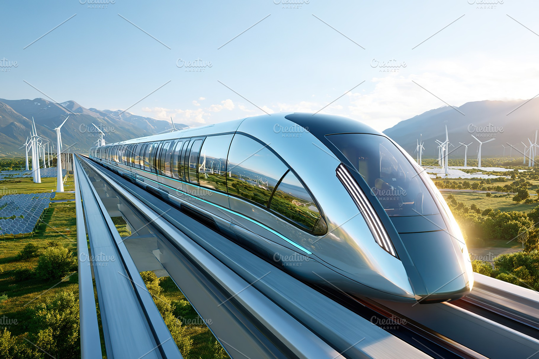 High-speed train traveling through a scenic landscape with wind turbines and mo, a Photo by AlyaAnd