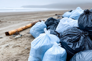 Pile of filled garbage bags on sand, a Nature Photo by MistyDay
