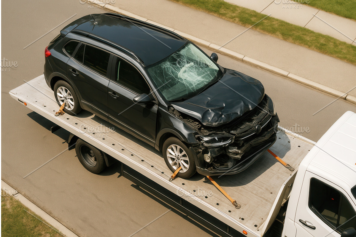 A damaged black car with a shattered, a Transportation Illustration by Sergey Kotenev