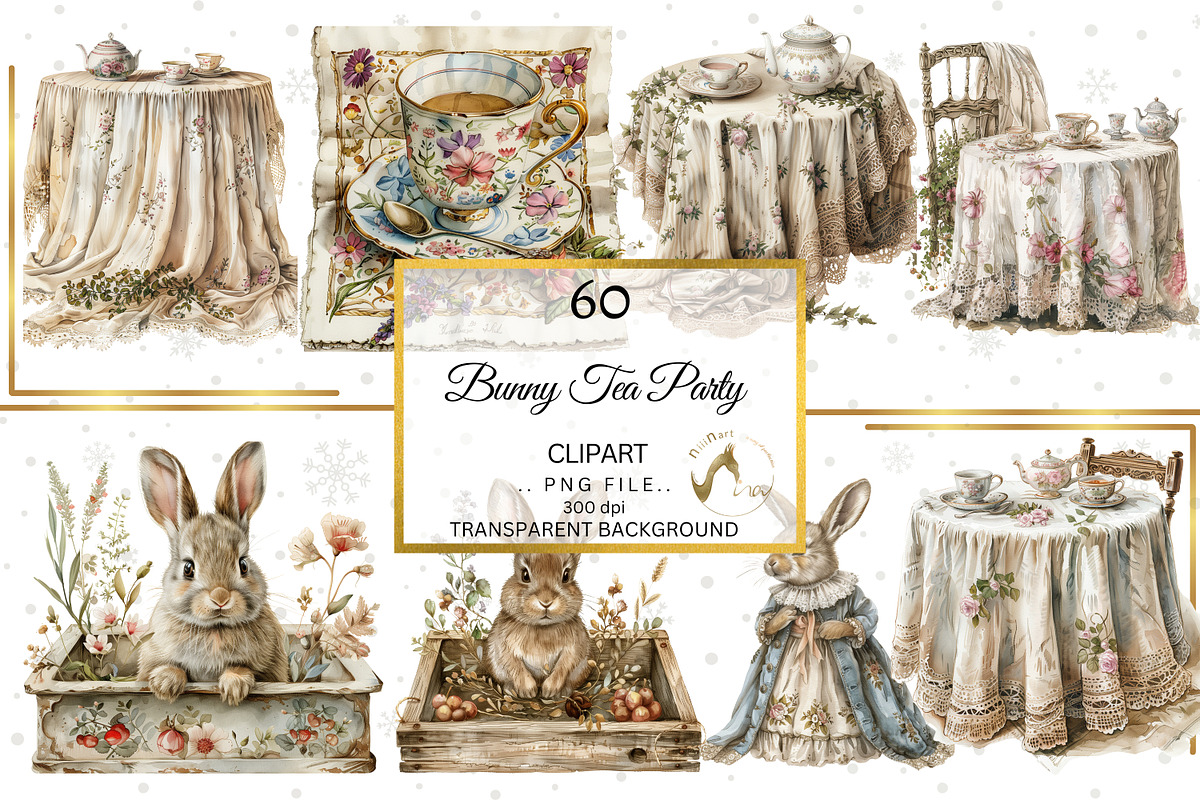 Watercolor Bunny Tea Party Clipart, an Illustration by NiiiNArt (Photo 3 of 10)