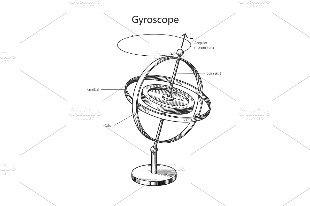 Labeled gyroscope diagram with spin, a Technology Illustration by AlexArt