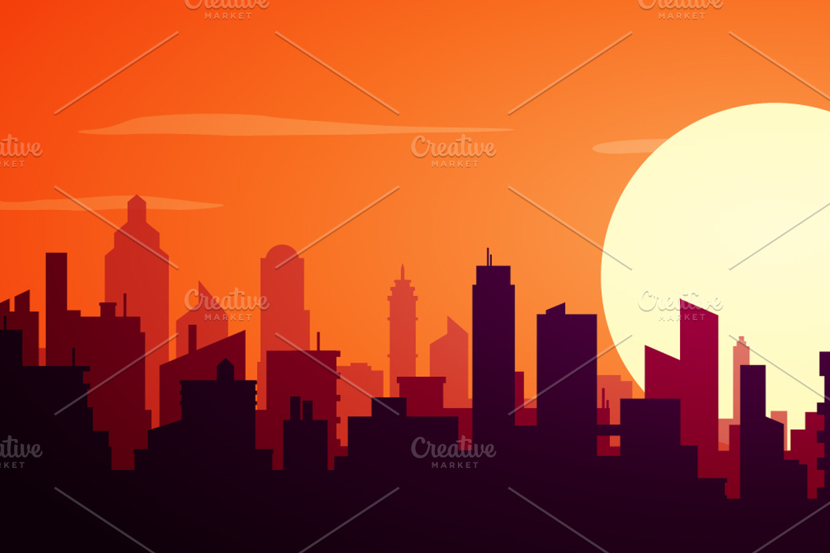Big City Skyline With Sun Goes Down, a Background Graphic by Black White Mouse Design