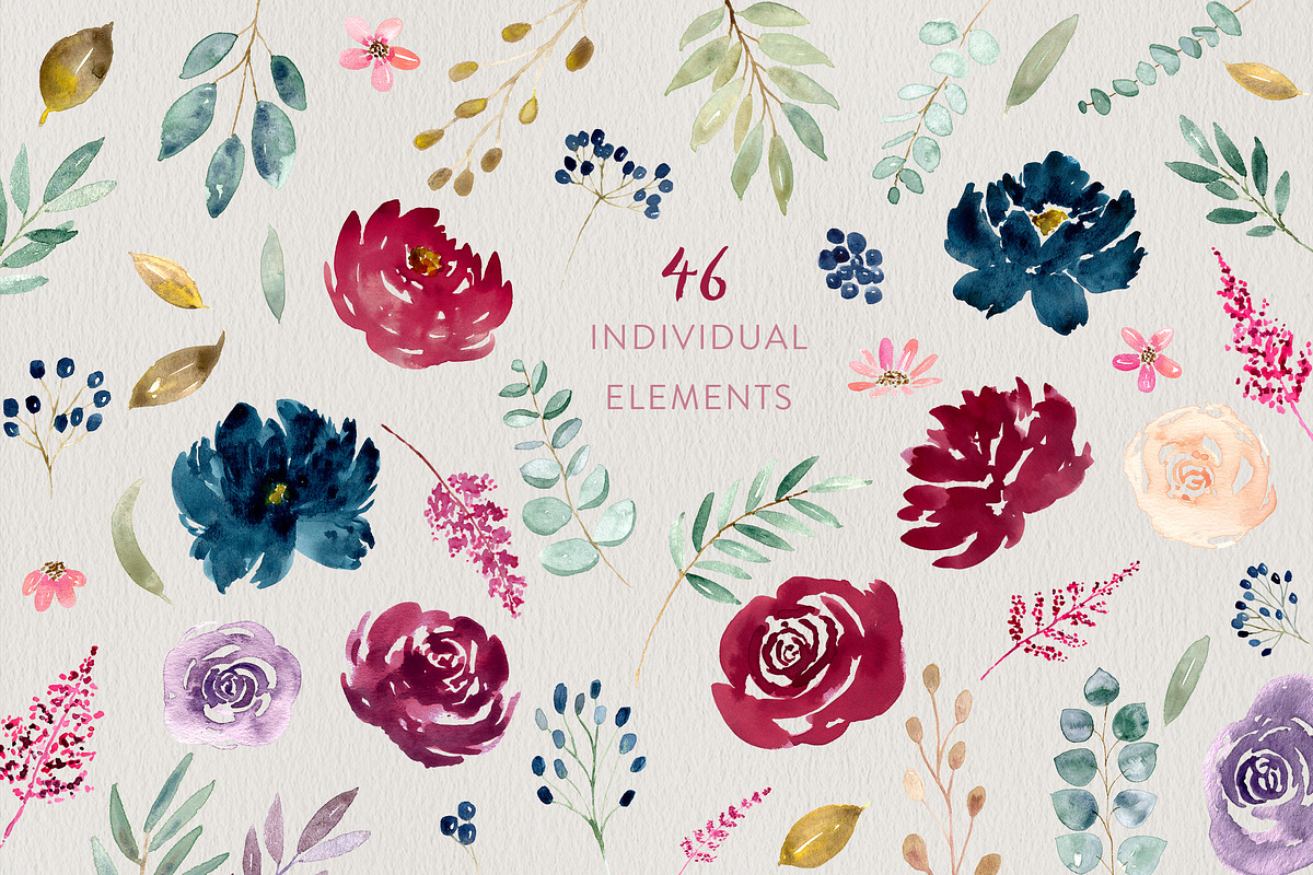 Burgundy + Navy Watercolour Flowers, an Illustration by ClementineCreative (Photo 7 of 9)