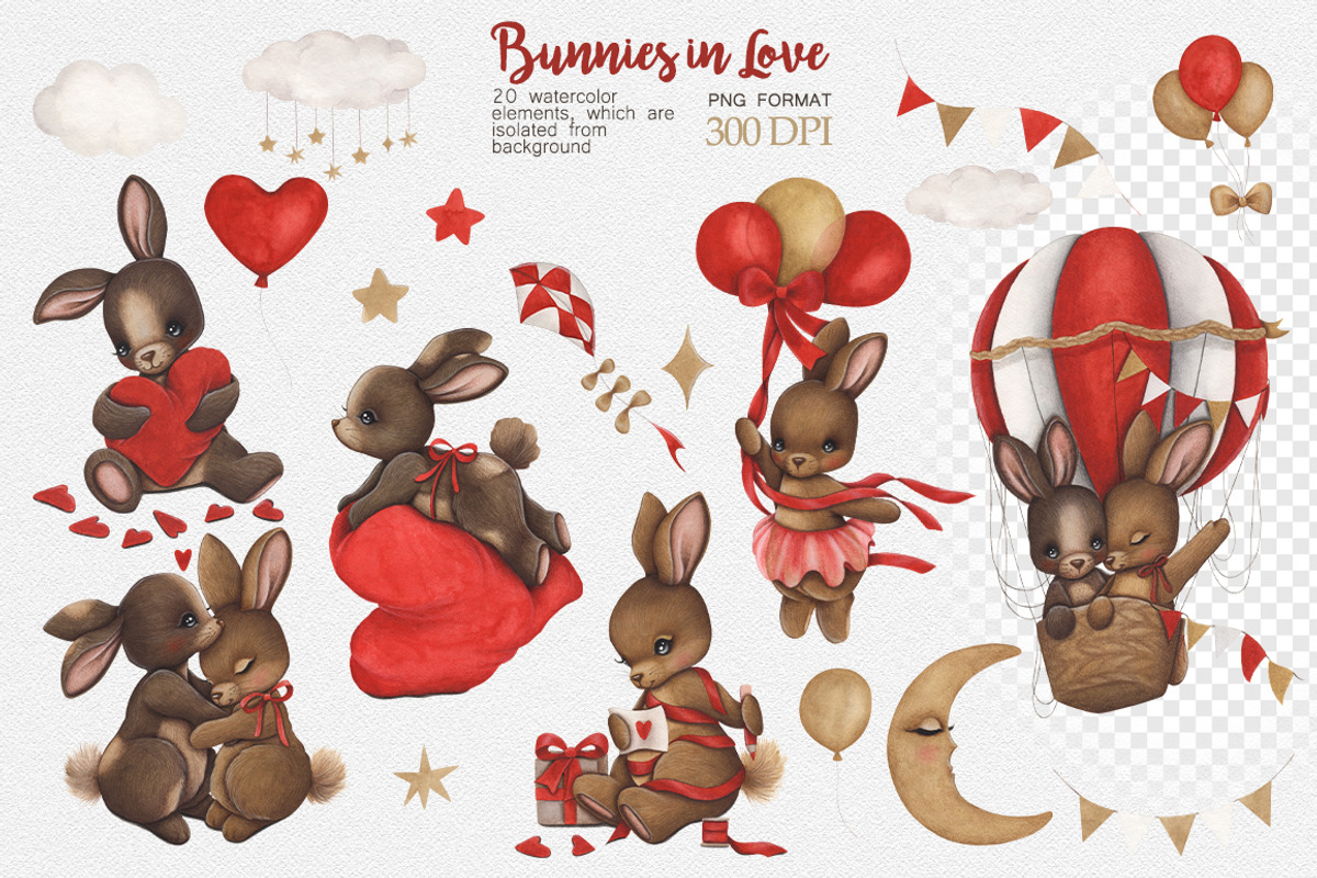 Cute Watercolor Set Bunnies In Love, an Animal Illustration by ViktoriyaD (Photo 3 of 7)