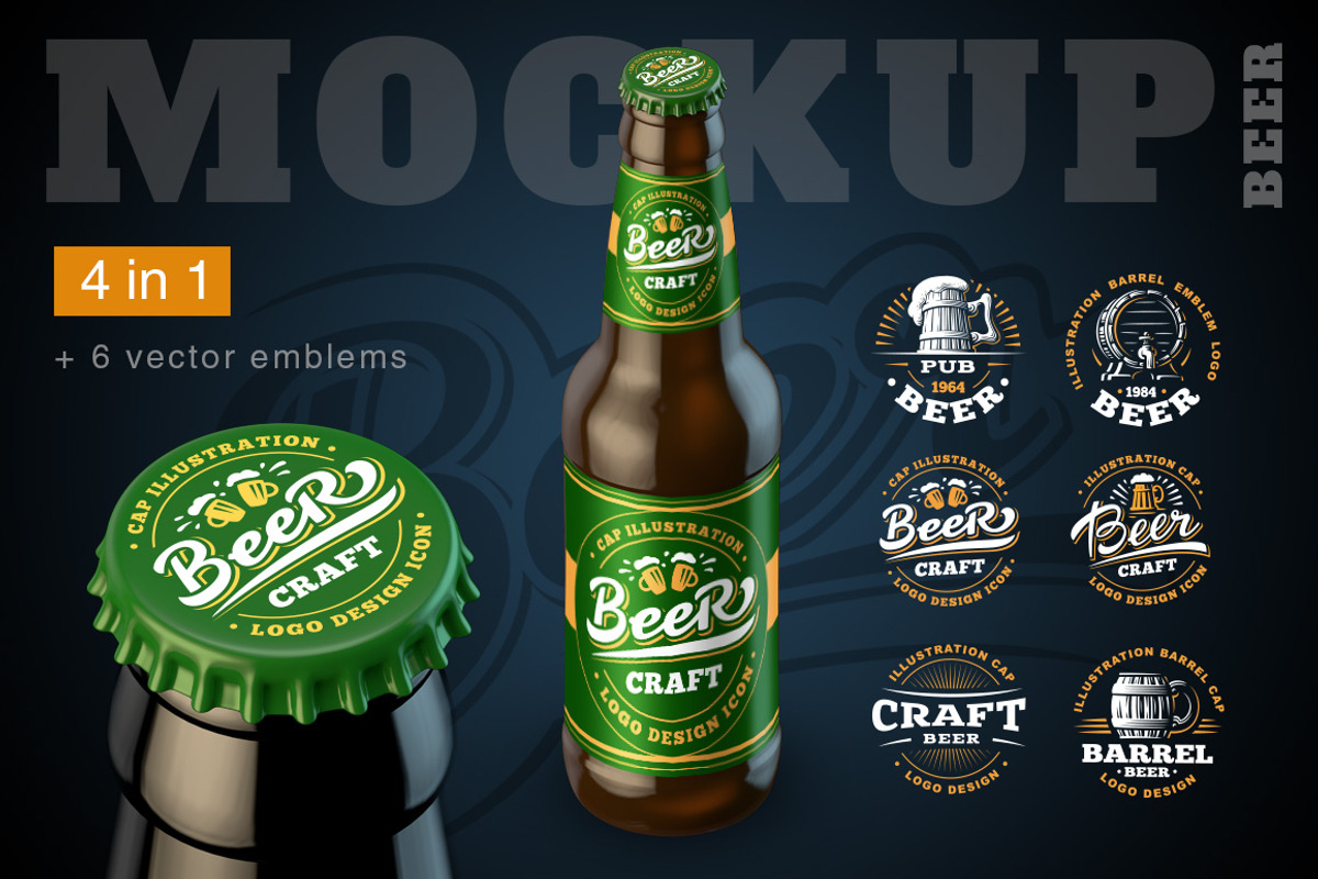 4 Mockup Bottle of beer. + emblems, a Product Mockup by SODESIGN (Photo 1 of 5)