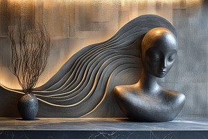A modern artistic sculpture of a woman's head with flowing hair, set against a, a Photo by Textures & Backgrounds