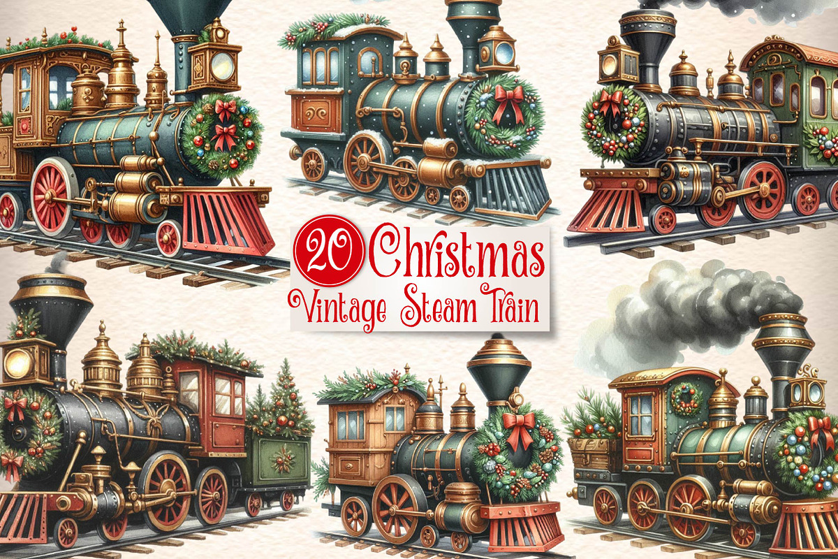 Christmas vintage steam train Clipar, an Illustration by CreationArt (Photo 1 of 6)