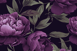 Seamless Pattern With Purple Peonies On A Dark Background. Generative Ai