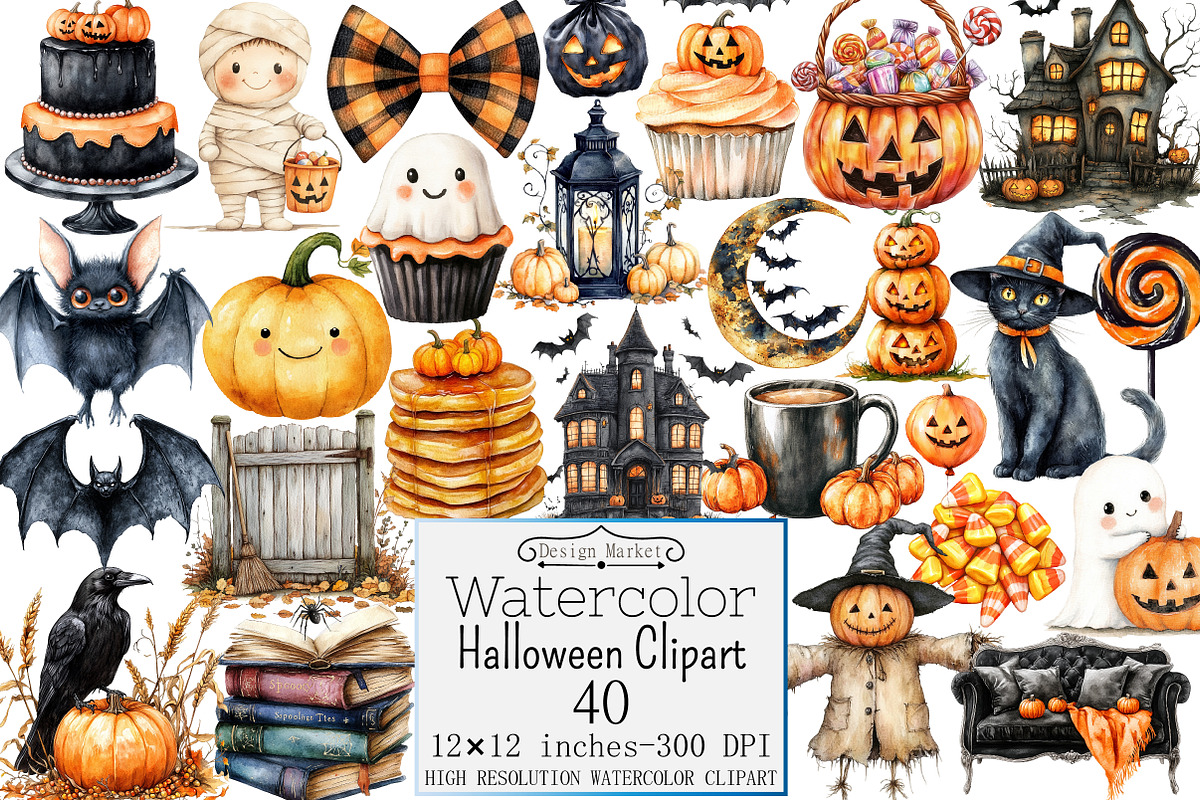 Watercolor Halloween Clipart, a Seasonal Illustration by Design Market (Photo 1 of 4)