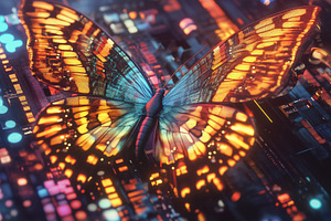 A vibrant, digitally rendered butterfly with glowing orange and blue wings, set, an Animal Photo by Textures & Backgrounds
