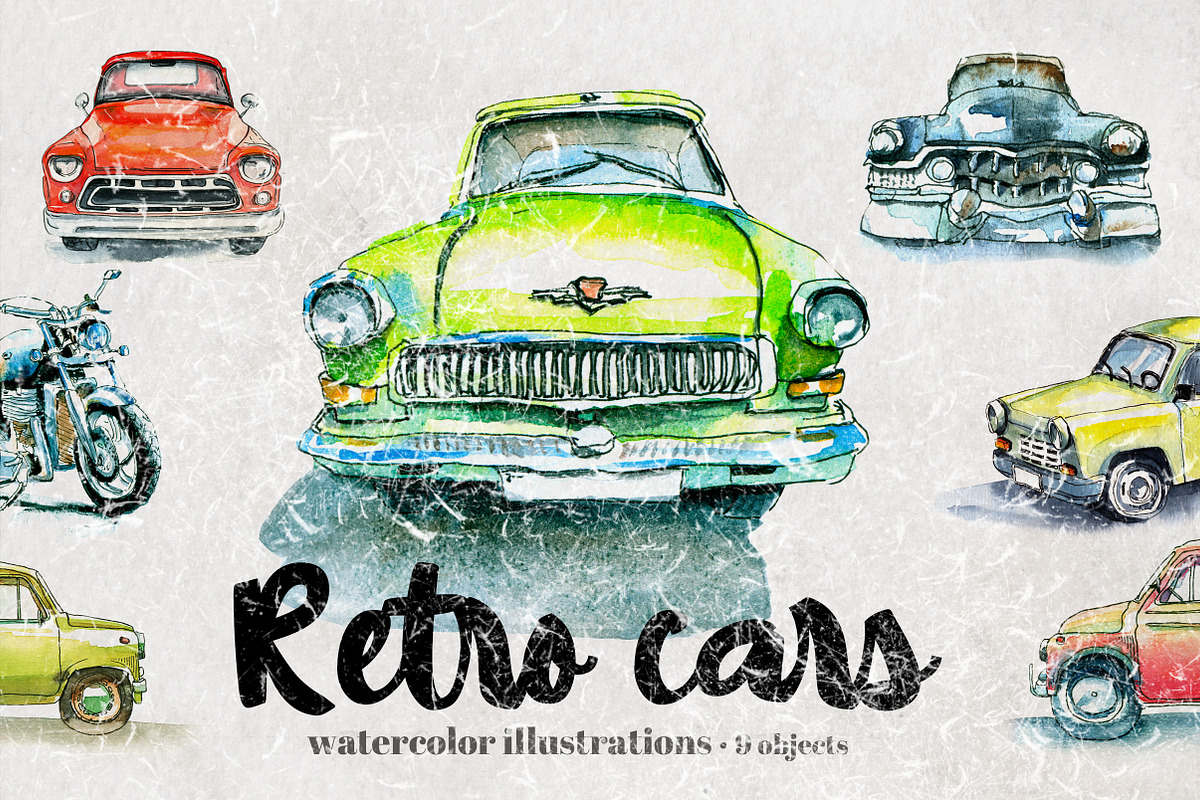 Retro cars. Watercolor illustrations, a Transportation Illustration by iri-illustration (Photo 1 of 11)