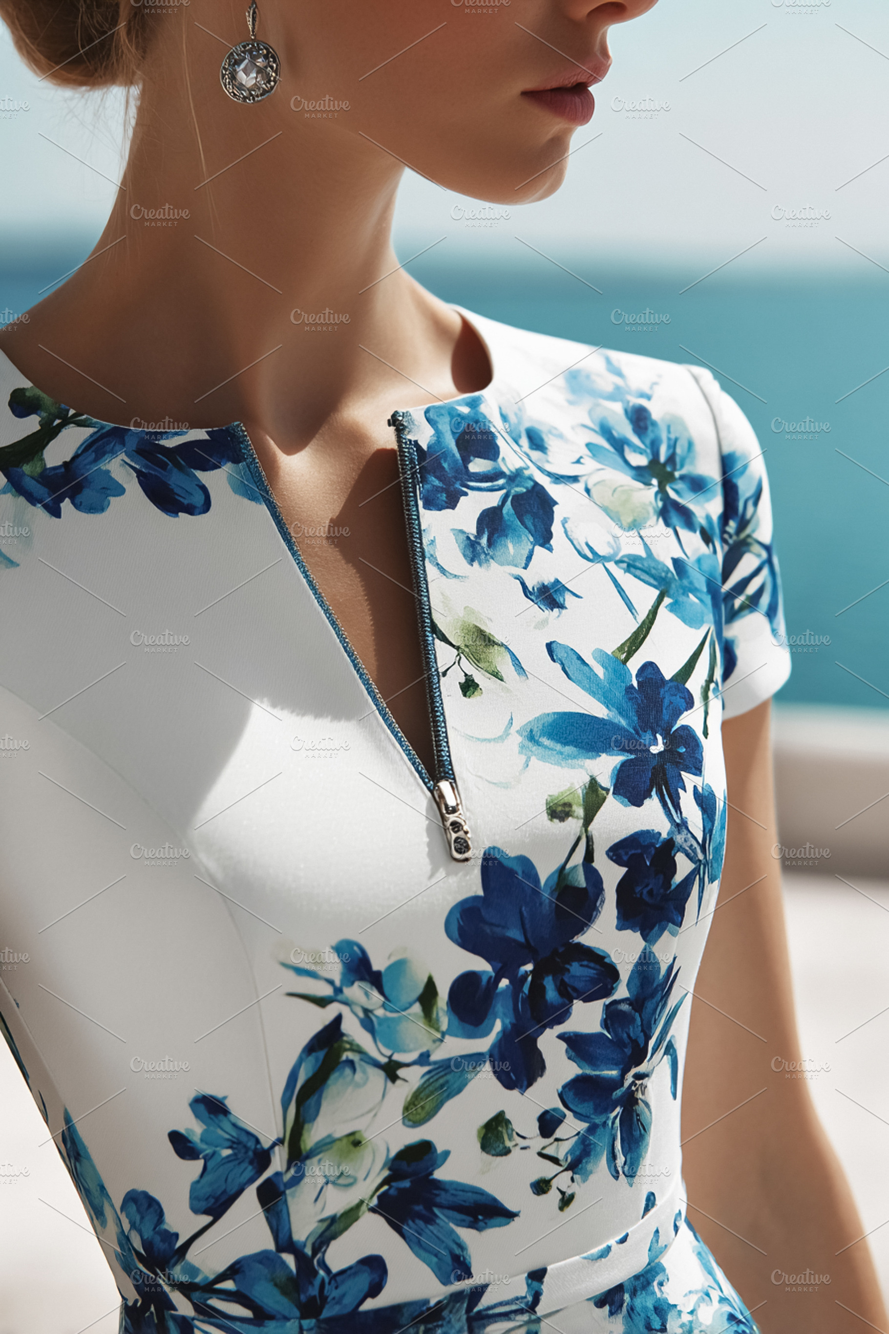 Woman wearing an elegant blue floral print dress with zipper det, a Photo by Studio ANNA