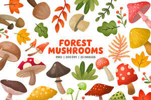Mushrooms Watercolor Clipart Set
