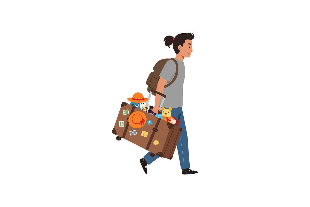 Young traveler carrying a large suit, an Illustration by designvectx