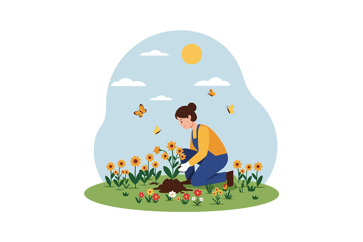 A woman gardening among vibrant flow, an Illustration by designvectx
