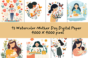 13 Watercolor Mother’s Day Papers, a Seasonal Illustration by ikarifq shop