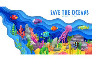 Paper cut underwater sea landscape, an Animal Illustration by Vector Tradition