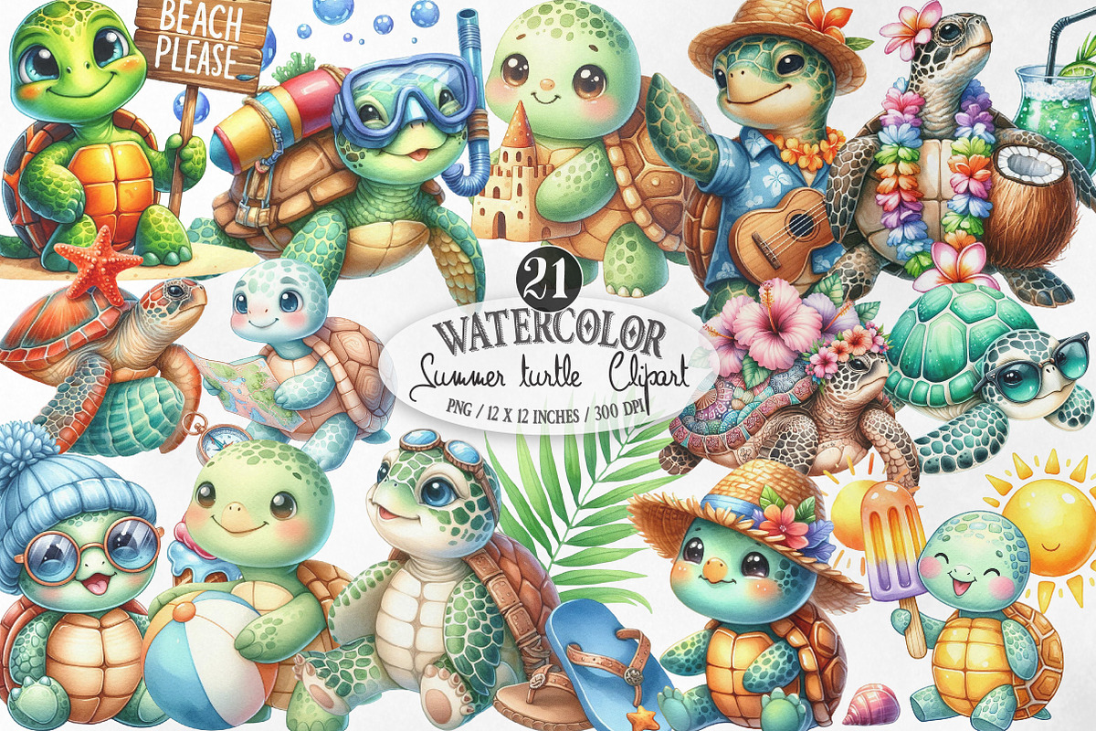 Summer Turtle Sticker Clipart, an Illustration by Designking (Photo 1 of 4)