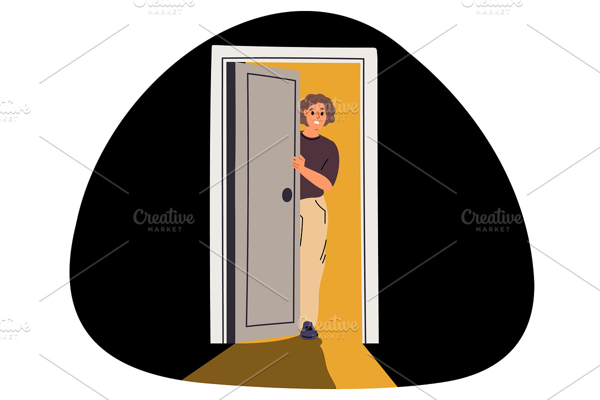 Frightened young woman opens door of, a Person Illustration by Vectorbuum