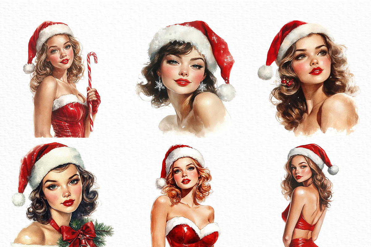 Vintage Santa Pin Up Girl Clipart, an Illustration by Craft Nest (Photo 2 of 6)