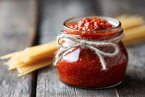 Jar of homemade tomato sauce, a Food & Drink Photo by MistyDay