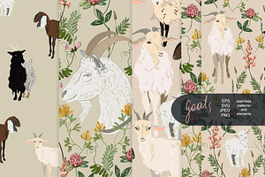 Goat seamless + clipart vector set