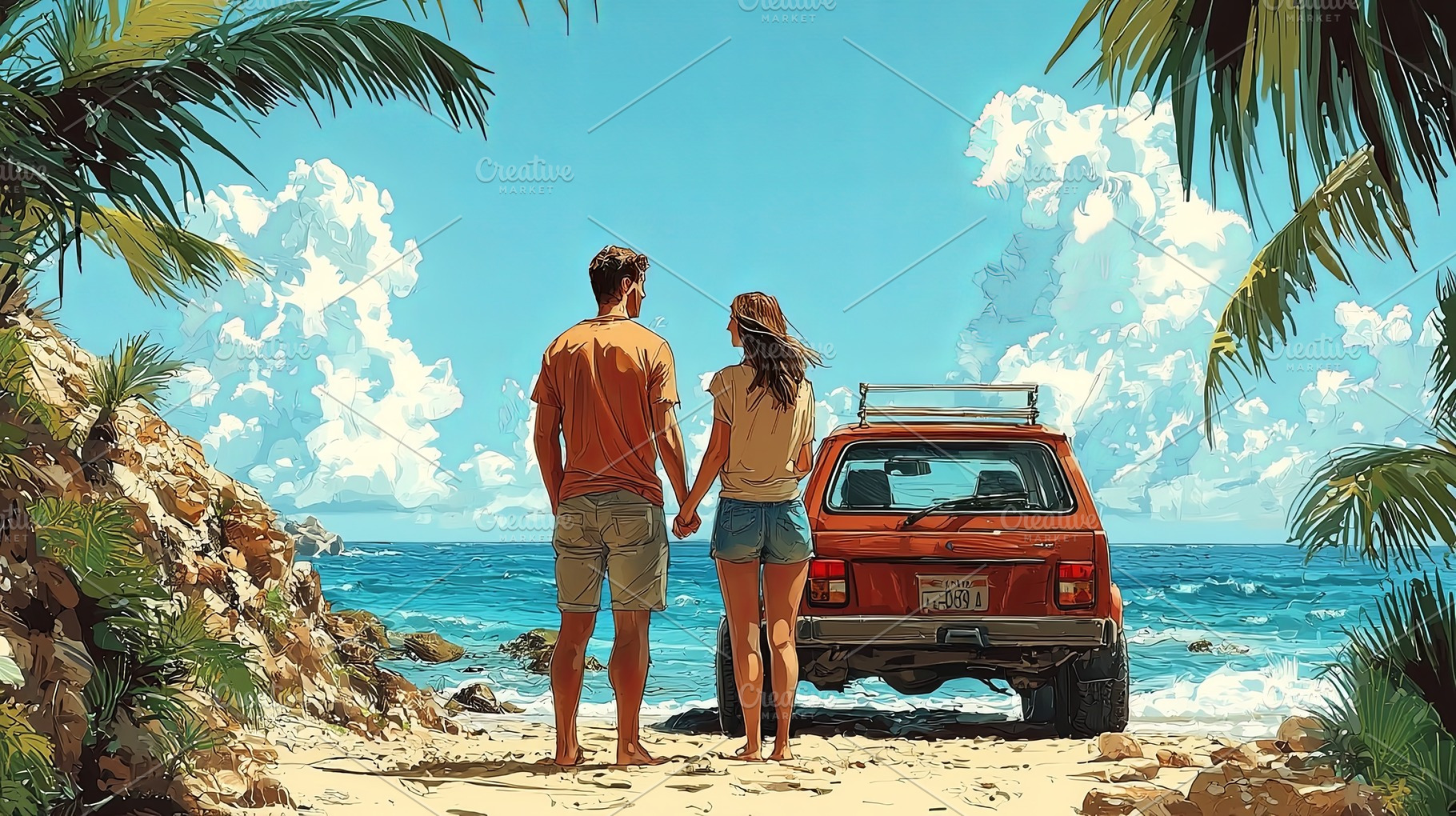 Young couple holding hands by the sea during their road trip adventure, a Photo by AS photostudio